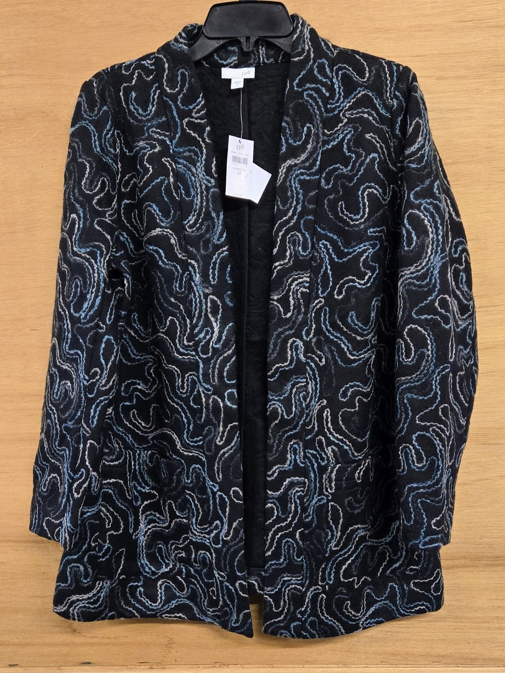 J. Jill Black Open-Front Jacket with Swirl Pattern Wool Blend